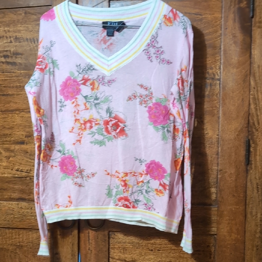 Lightweight FDJ Floral V-Neck Sweater - Pink Green Yellow Medium A bit Nubbly***